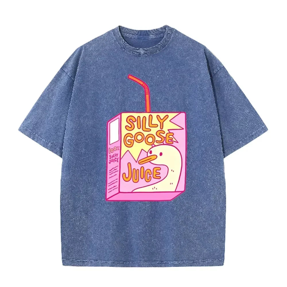 Cute Silly Goose Juice Box Print Washed Purple Y2K Aesthetic Women T-shirt