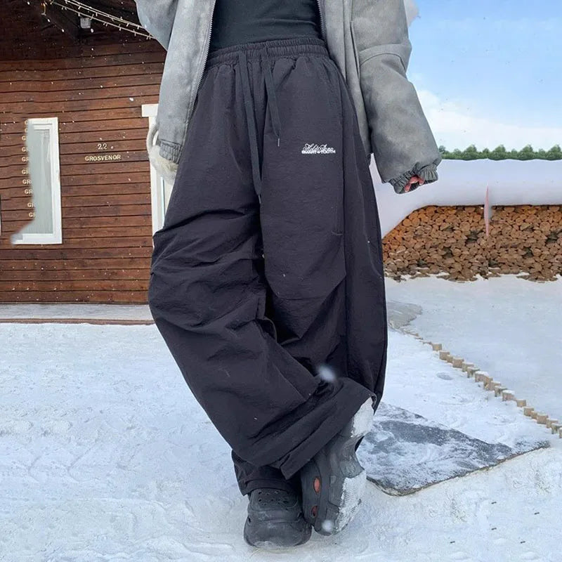 Women's Baggy Winter Pants with Letter Embroidery and Wide Legs