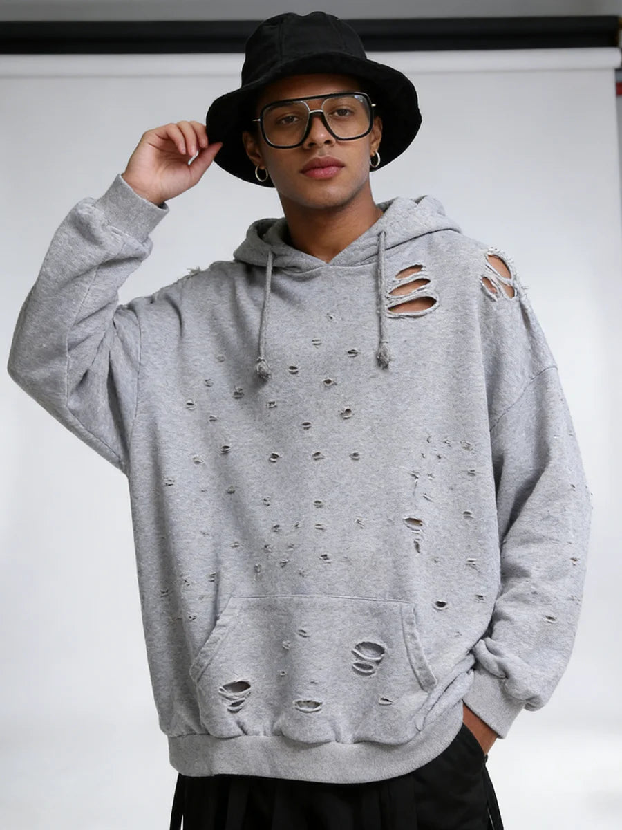 Distressed Long Sleeve Pullover Casual Hoodie for Layering