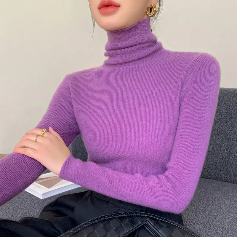 Women's Fitted Roll Neck Long Sleeve Sweater Casual Knit Layer
