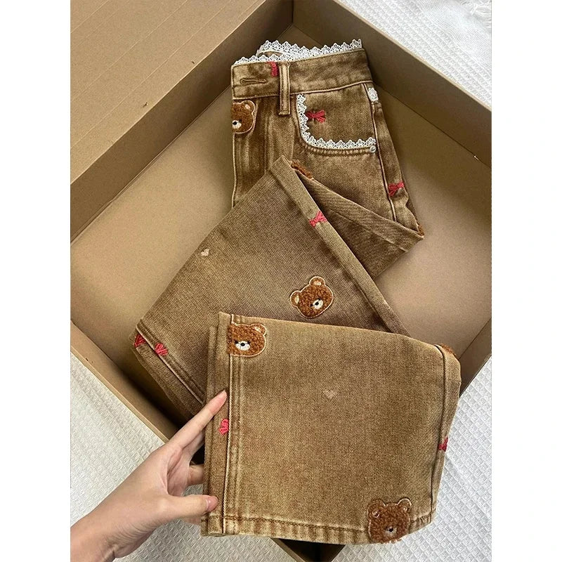 Women's Teddy Embroidered Brown Denim Denim Jeans For Everyday Outfits