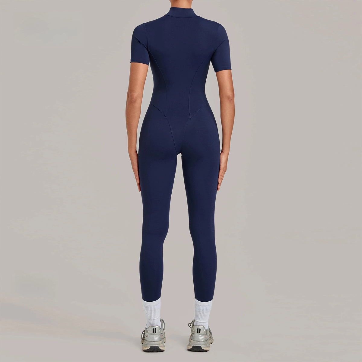 Women's Short Sleeve Nylon Blend Workout Jumpsuit with Stand Collar Zip