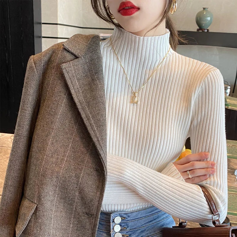 Women's Ribbed Mock Neck Long Sleeve Sweater Casual Knit Layer