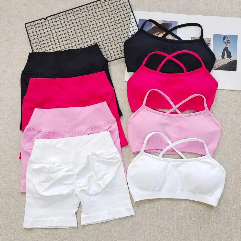 Women's Cross Back Bra And Shorts Yoga Set
