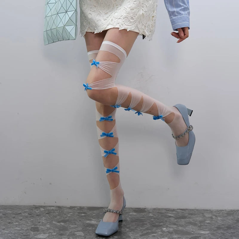 Sheer Lace Up Stockings with Decorative Ribbon Bow Details