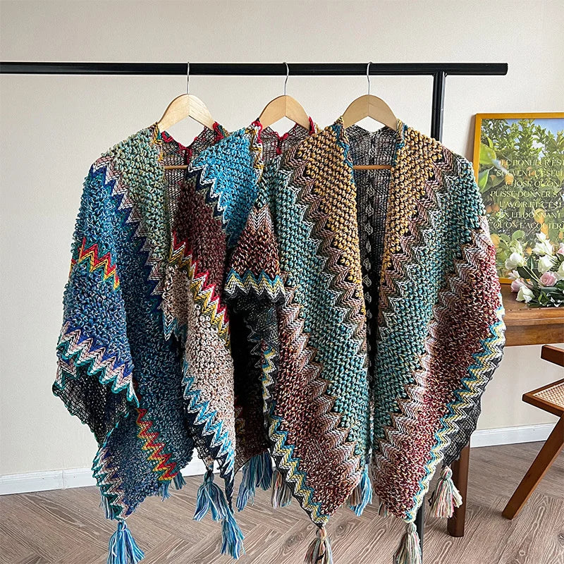 Zigzag Knit Tassel Poncho for Layering over Outfits