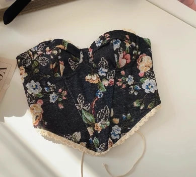 Women's Floral Tapestry Print Polyester Bustier Crop Top with Lace Up Back
