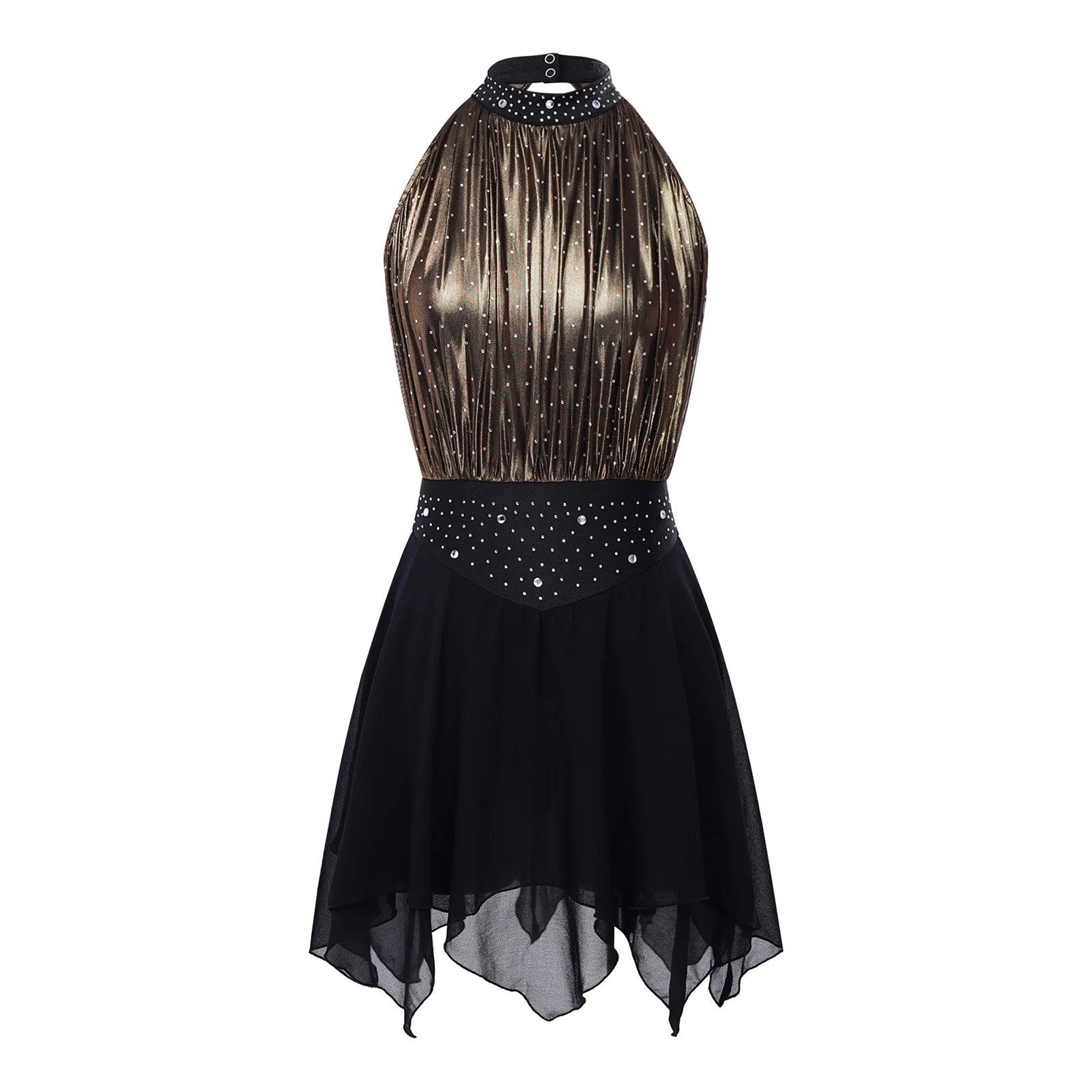 Women's Halterneck Metallic Dance Dress with Rhinestones and Asymmetric Skirt