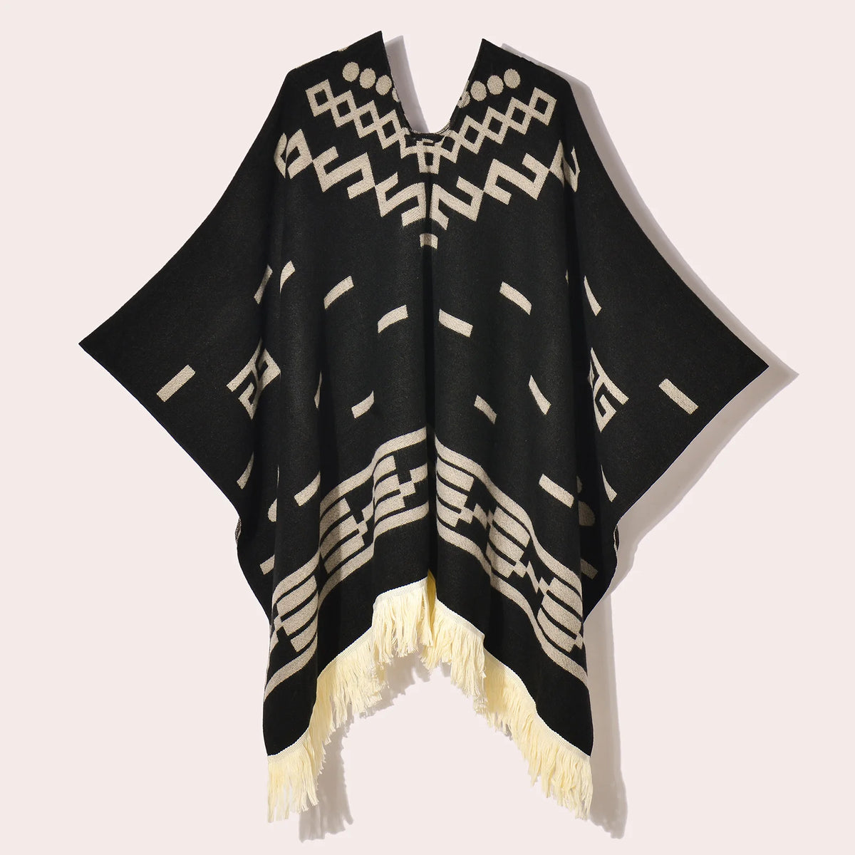 Geometric Pattern Fringe Poncho for Layering over Outfits