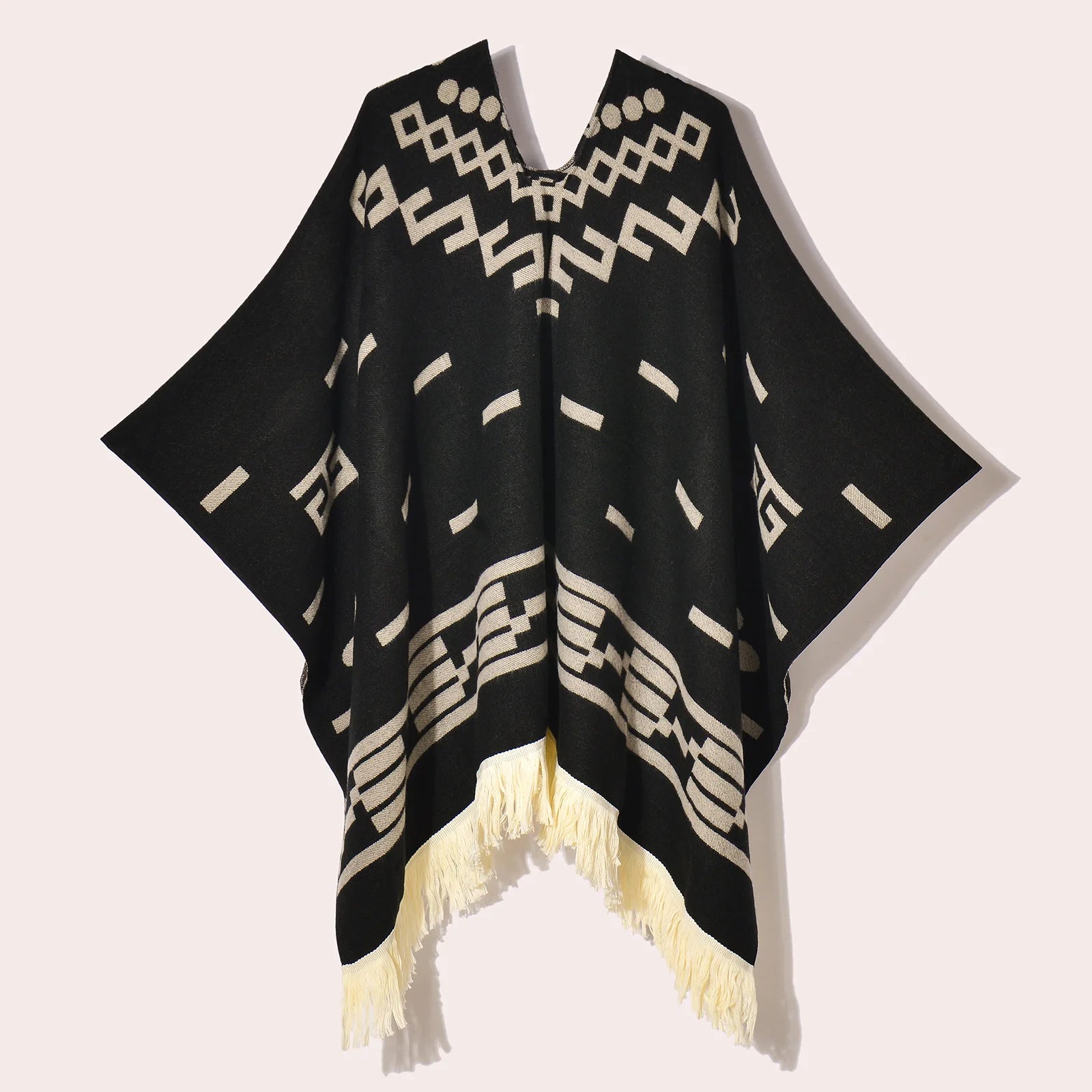 Geometric Pattern Fringe Poncho for Layering over Outfits