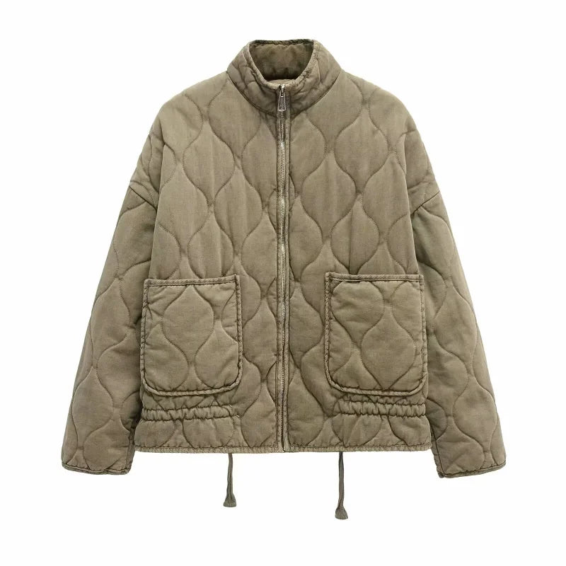 Stand Collar Long Sleeve Quilted Padded Casual Jacket
