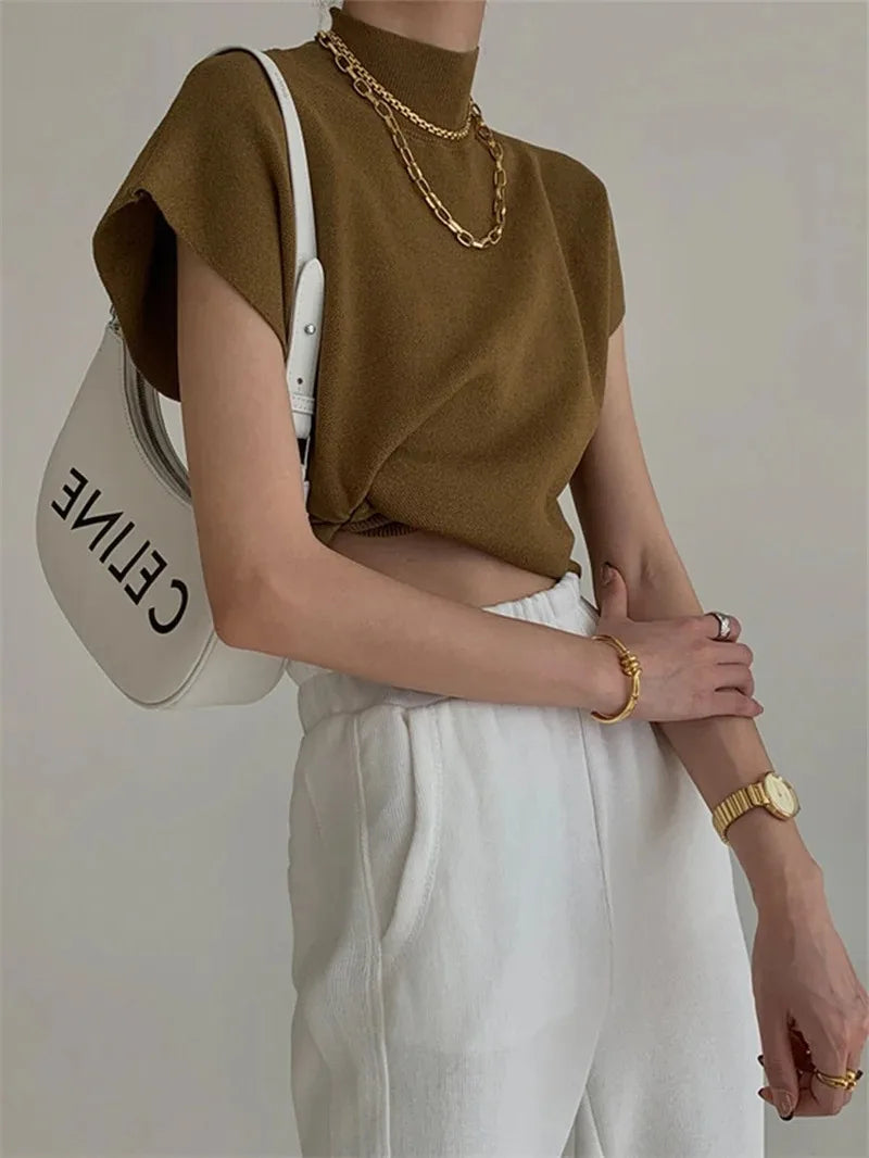 Women's Cap Sleeve Mock Neck Knit Sweater Casual Knit Layer