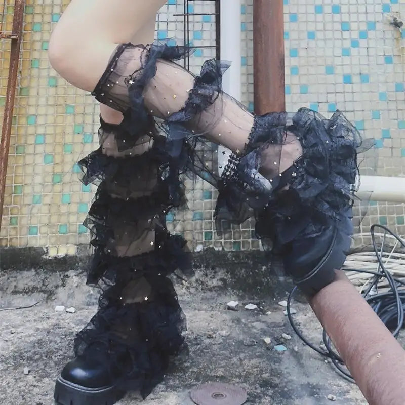Black Layered Lace Leg Warmers with Ruffled Tier Design