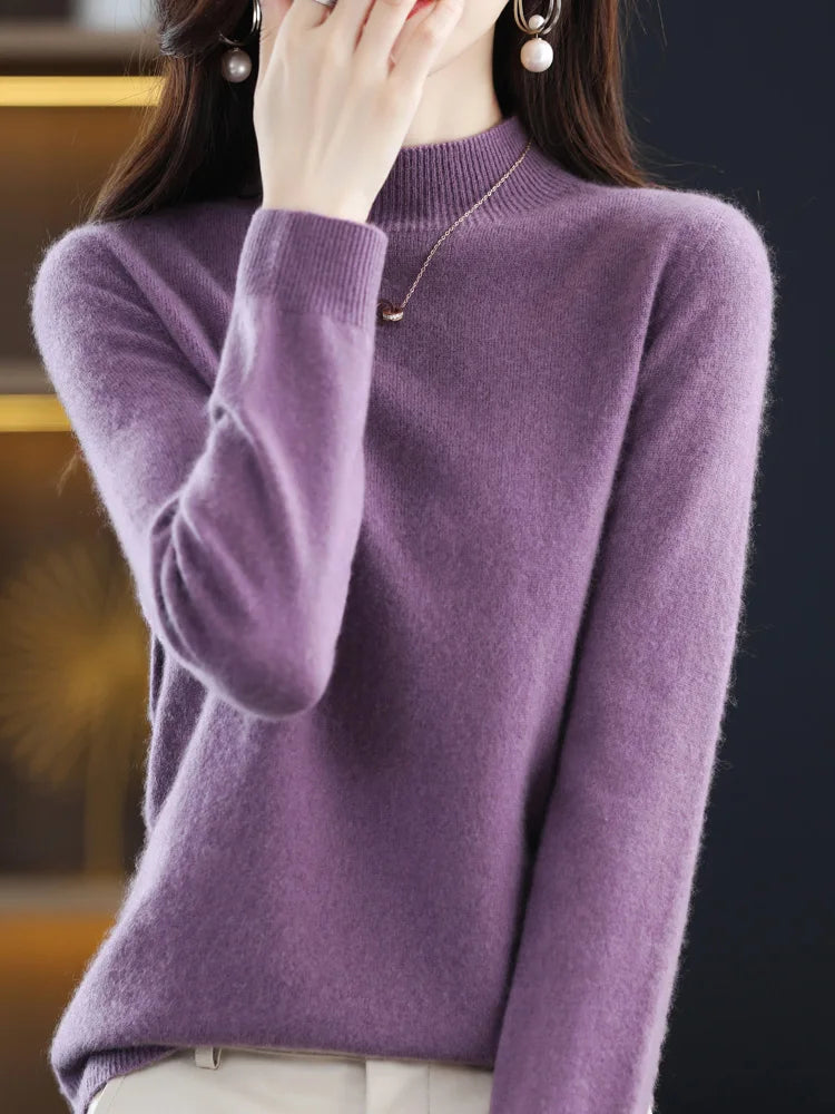 Women's Plain Mock Neck Long Sleeve Sweater Casual Knit Layer