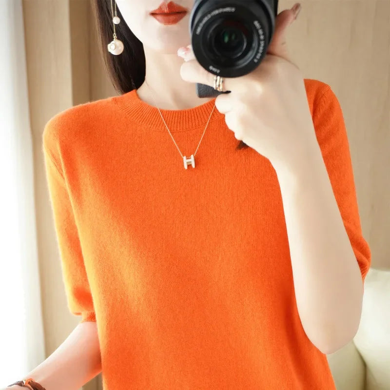 Women's Crew Neck Short Sleeve Sweater Casual Knit Layer