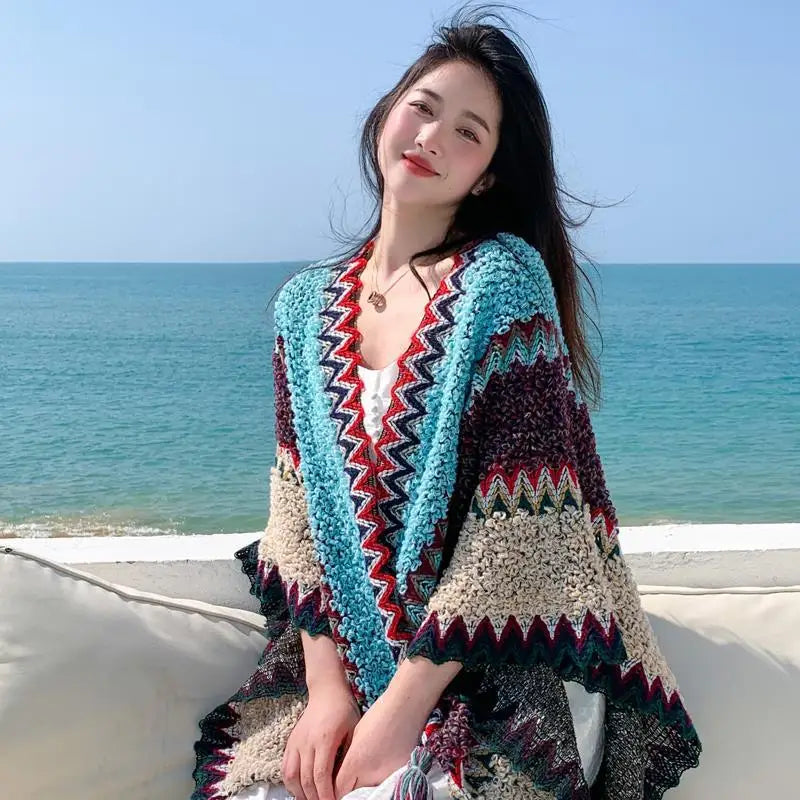 Zigzag Knit Fringe Poncho for Layering over Outfits