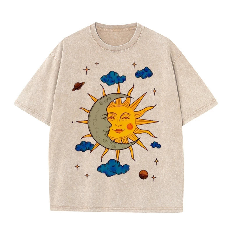 Men's Moon and Sun Printed T-shirt Oversized Short Sleeved Retro Washed Shirt Summer Top