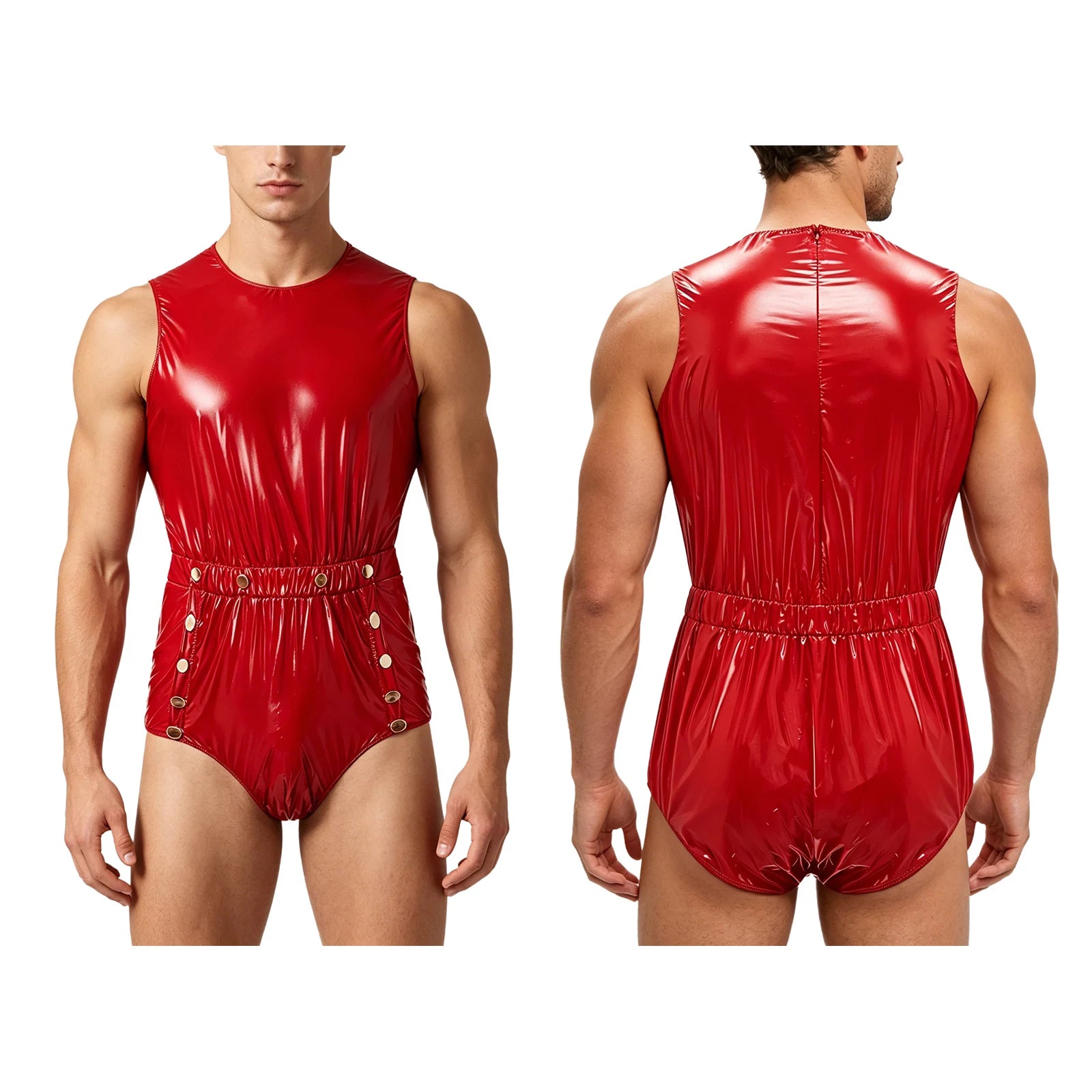 Men's One-Piece Swimsuit with Back Zipper and Crotch Button Details