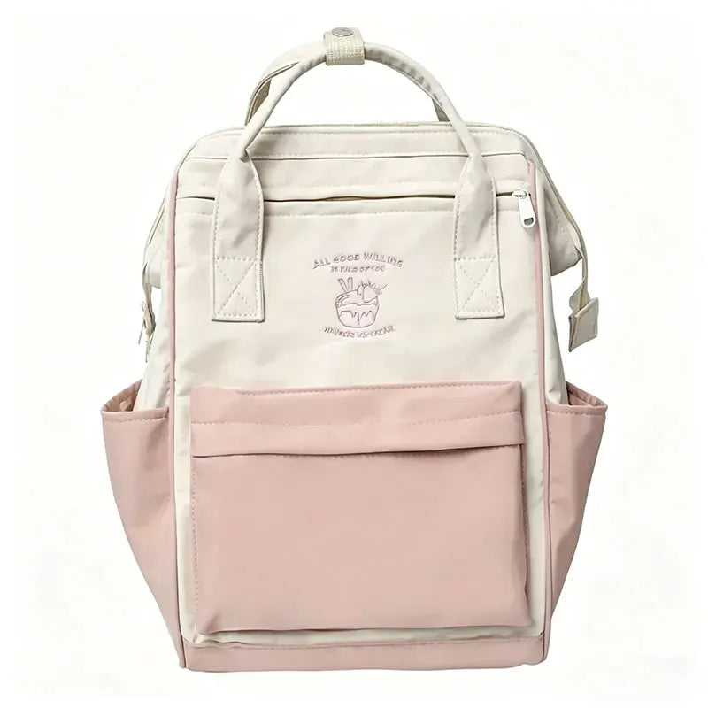 Colour Block Student Backpack with Twin Handles and Front Zipper Pocket