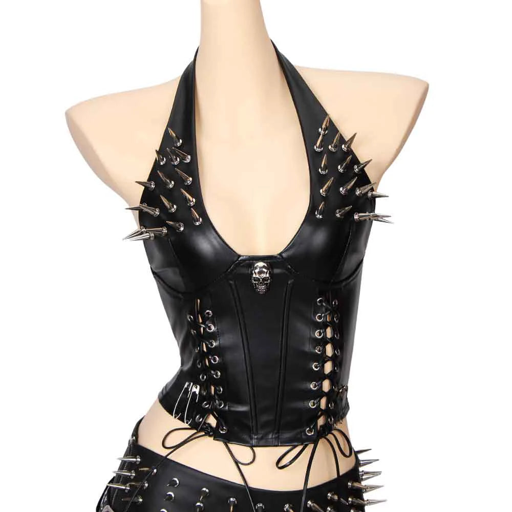 Women's Studded Crop Top with Decorative Spikes and Lace-Up Side Detailing