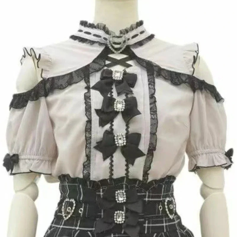 Women's Lace Trim Sailor Collar Short Sleeve Blouse