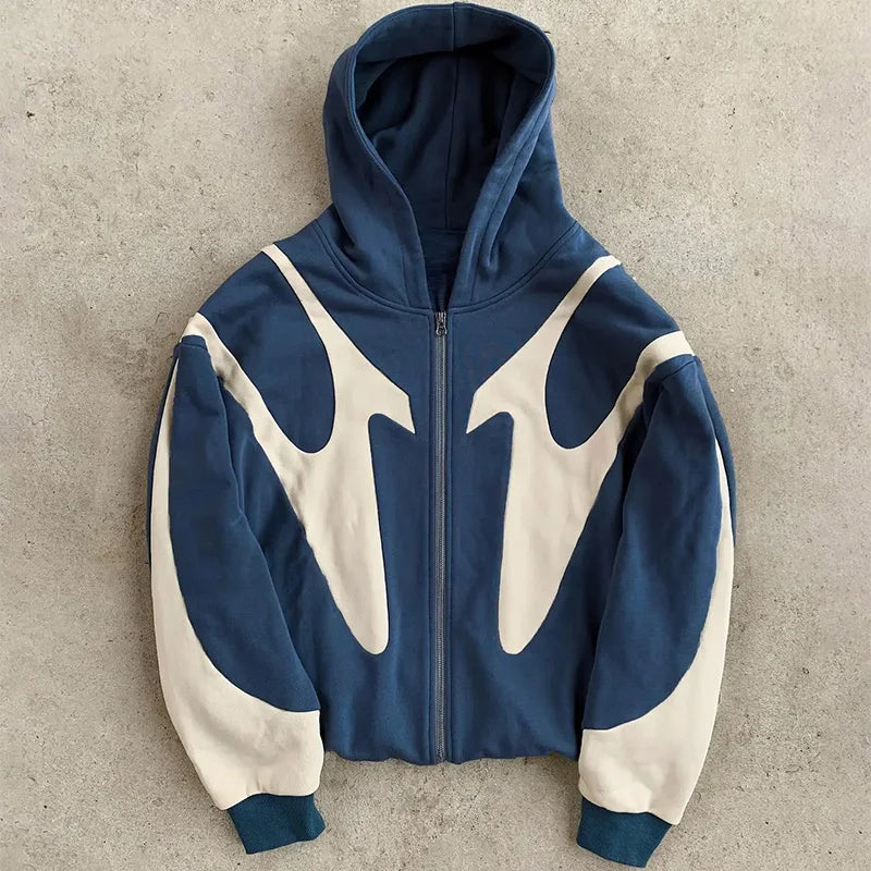 Color Block Long Sleeve Full Zip Casual Hoodie