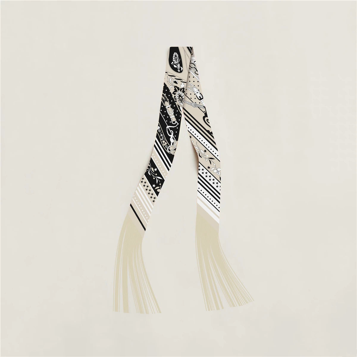Printed Narrow Ribbon Scarf with Decorative Fringed Ends