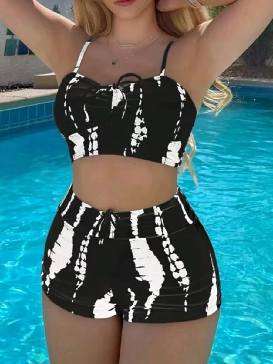 Drawstring Bikini with High Waist Shorts