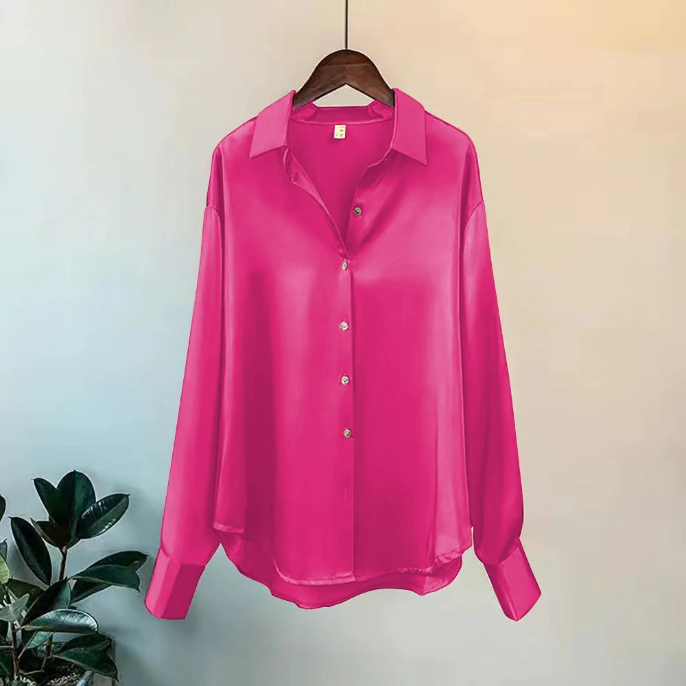 Women's Satin Look Long Sleeve Button Front Shirt