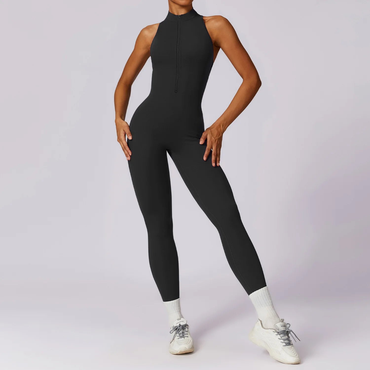 Women's Sleeveless Nylon Blend Zip Front Workout Jumpsuit with Cross Back