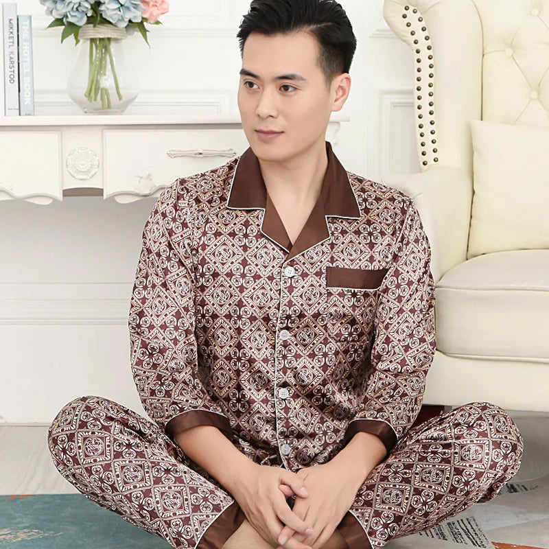 Men's Printed Lapel Button Front Shirt and Pants Pajama Set