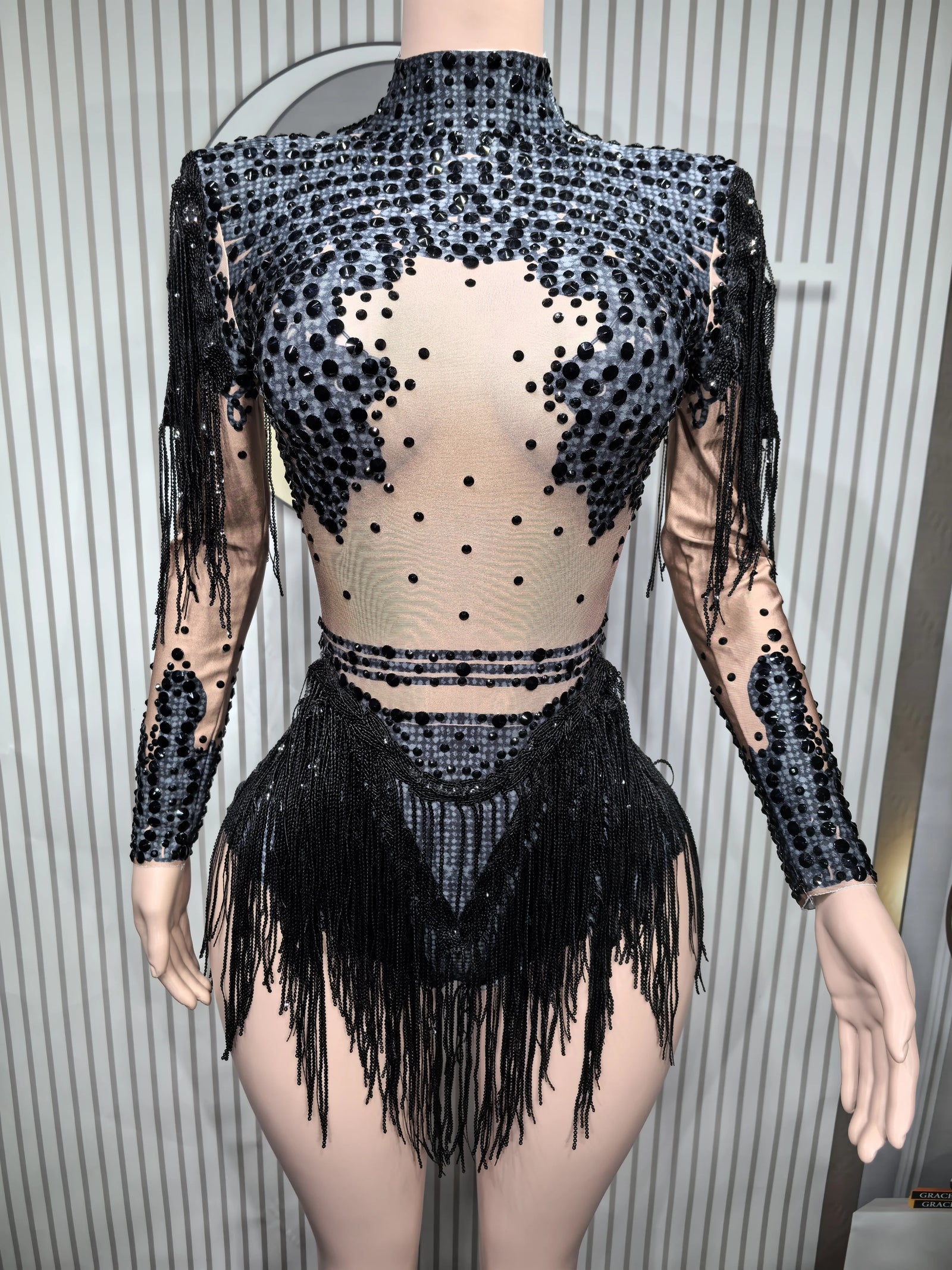 Women's Asymmetric Rhinestone Fringe Dance Bodysuit for Stage Performance Outfits