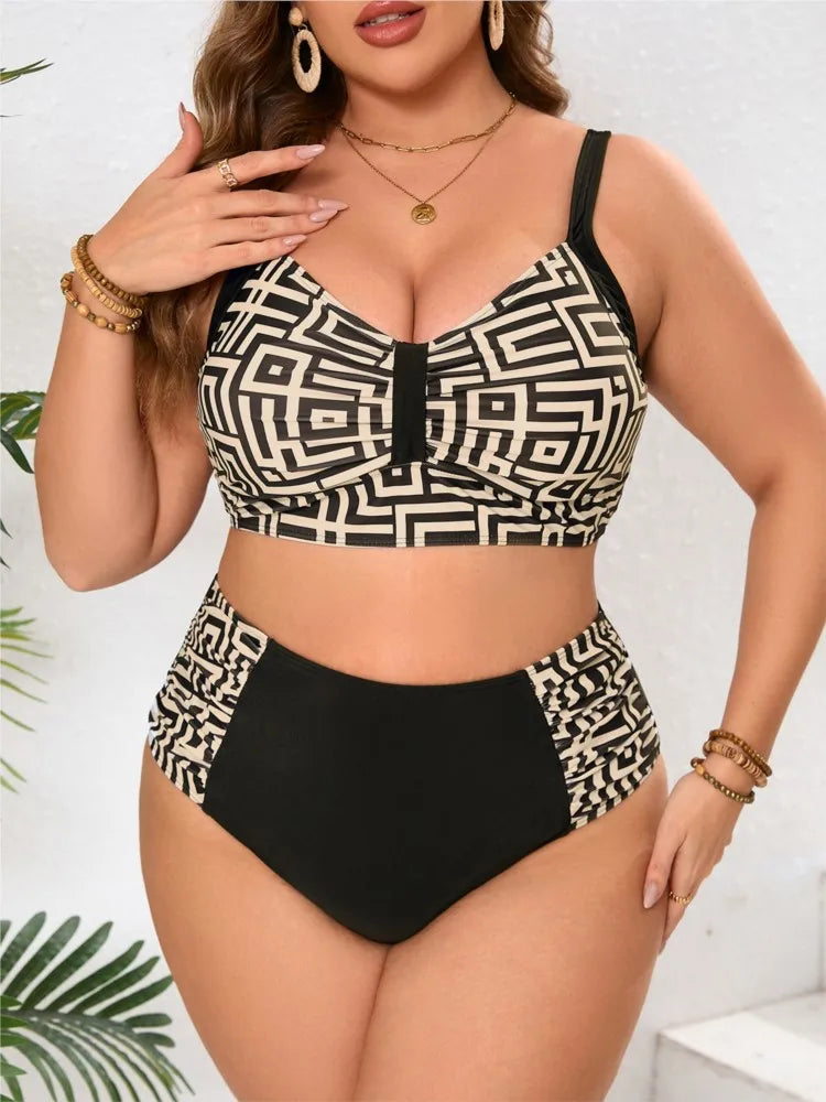 Women's Geometric Print Crop Top and High Waist Bikini Set