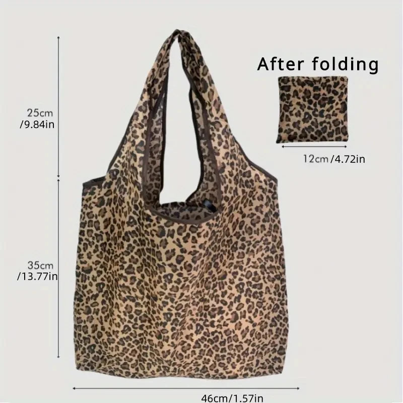 Leopard Print Foldable Tote Bag with Wide Shoulder Handles