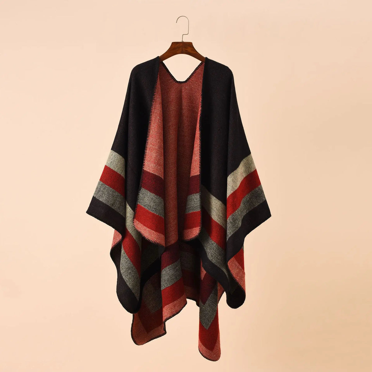 Block Stripe Open Front Poncho for Layering over Outfits
