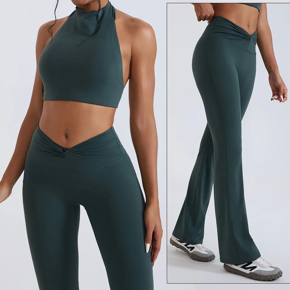 Women's Zip-Front Crop Top and Flared Pants Workout Set