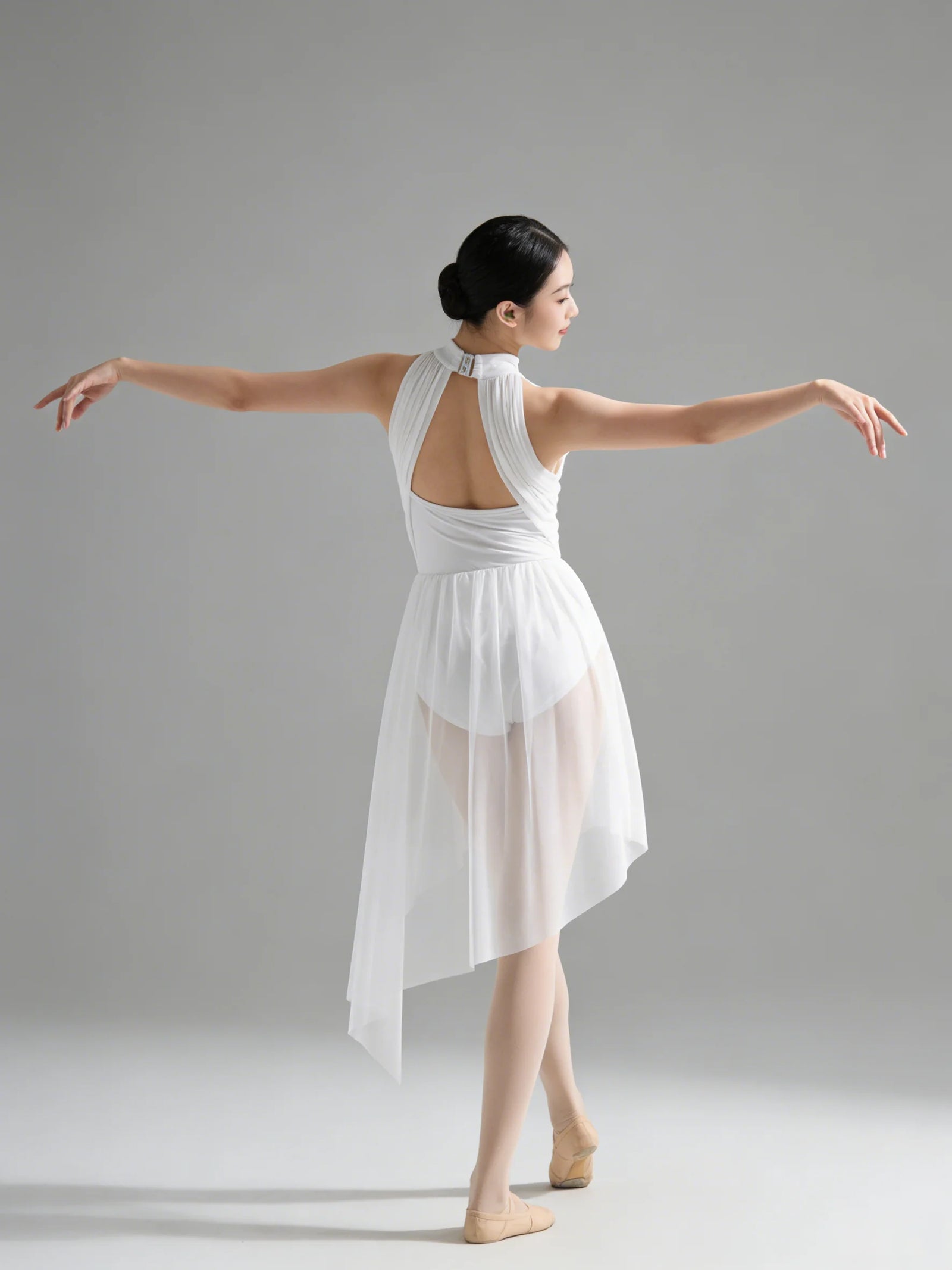 Women's Asymmetric Lyrical Dance Dress with Flowing Skirt and Cutout Bodice