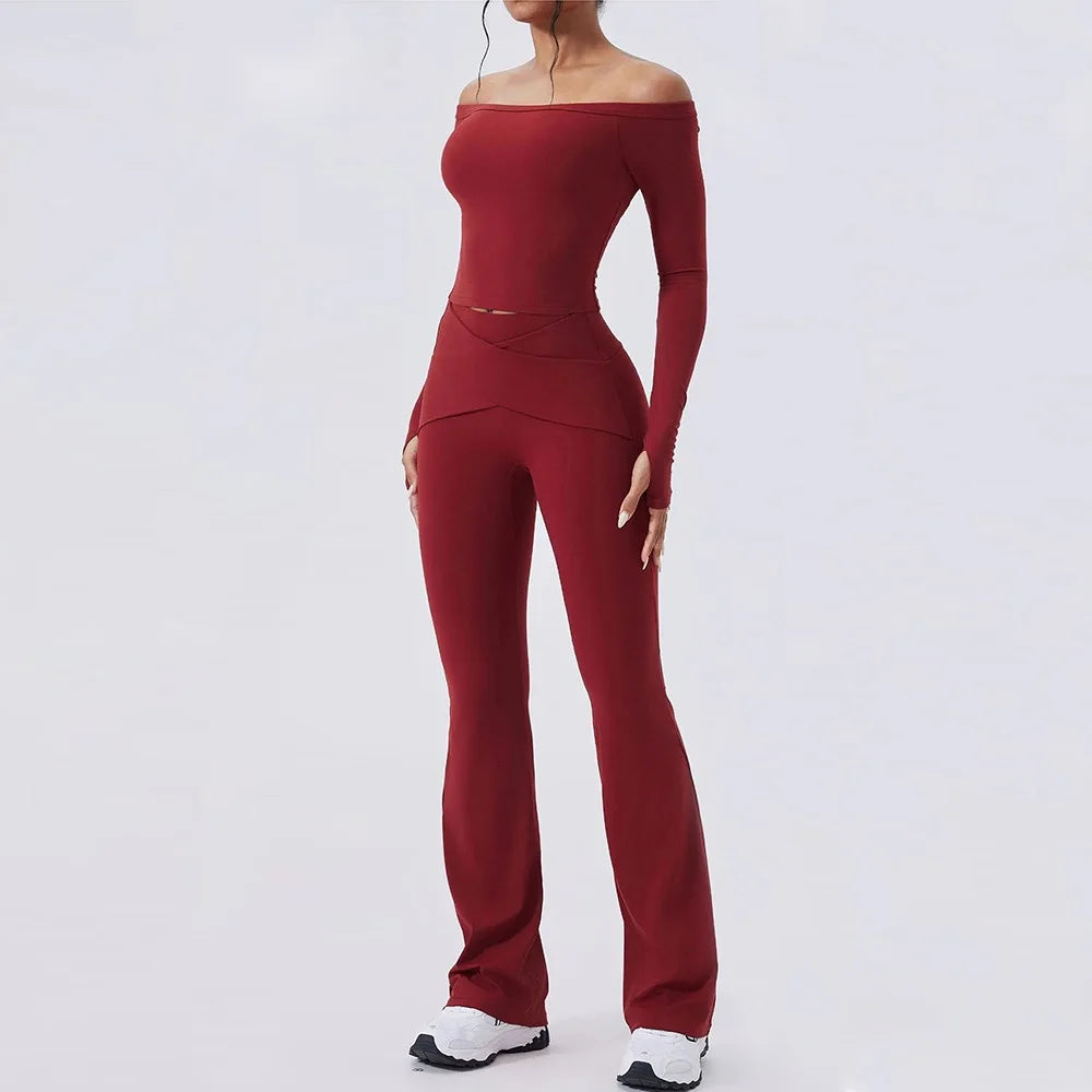 Women's Off-Shoulder Top and Flared Pants Workout Set