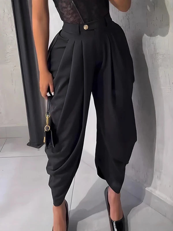 Women's Pleated Harem Pants with Tapered Legs and Waistband
