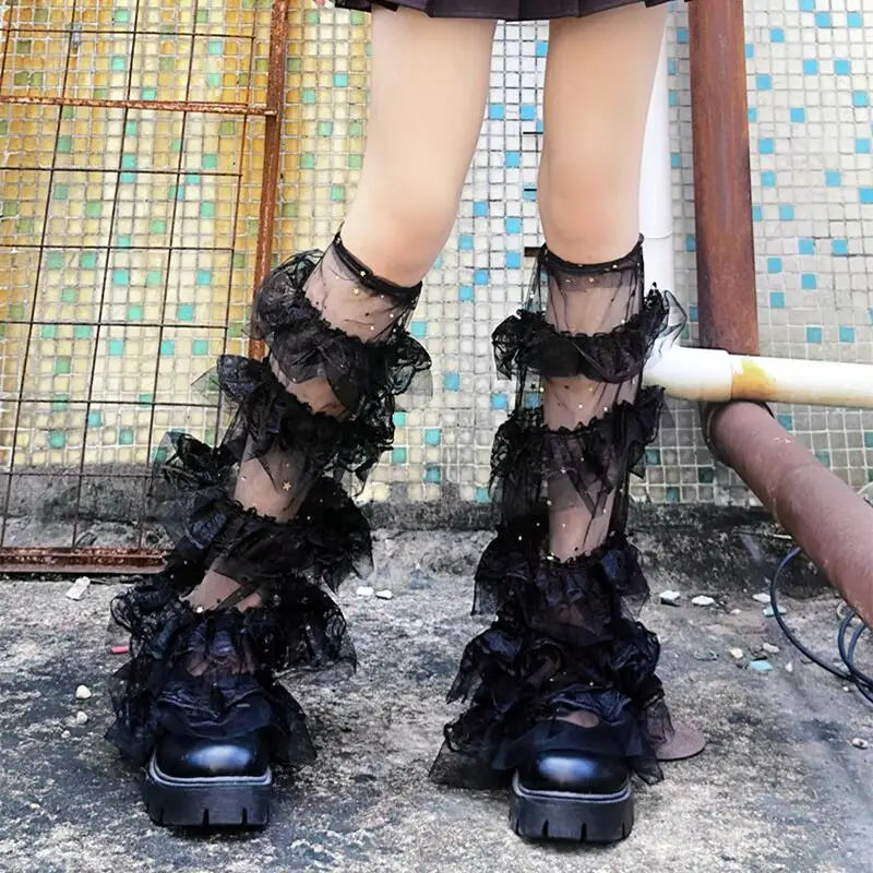 Black Layered Lace Leg Warmers with Ruffled Tier Design