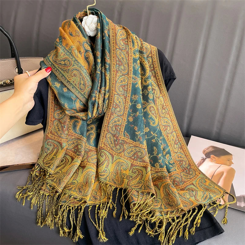 Paisley Floral Print Long Scarf with Fringed Ends