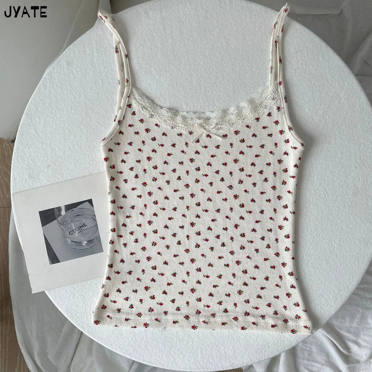 Women's Lace Trim Cotton Blend Camisole with Bow and Mixed Pattern Options