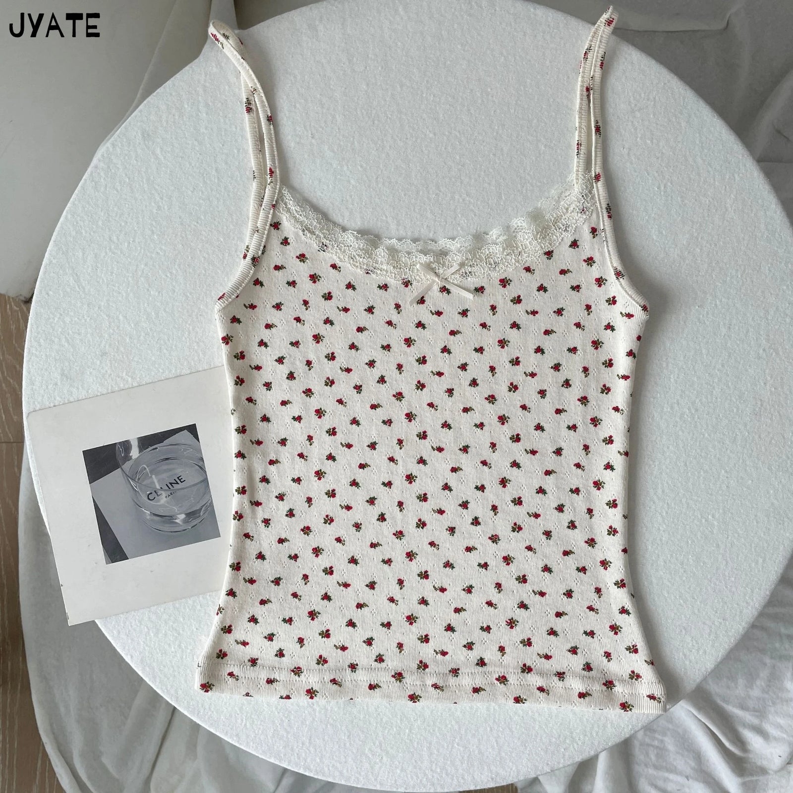 Women's Lace Trim Cotton Blend Camisole with Bow and Mixed Pattern Options