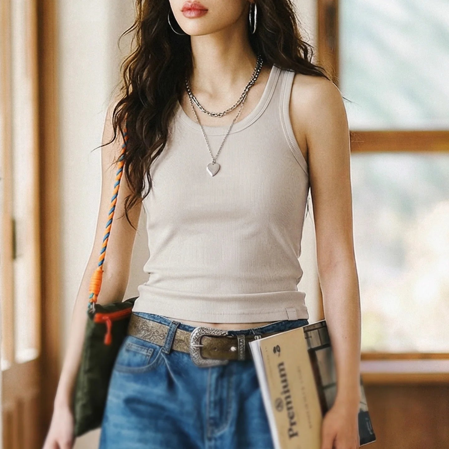 Women's V-Neck Knit Tank Top with Sleeveless Design and Simple Shape