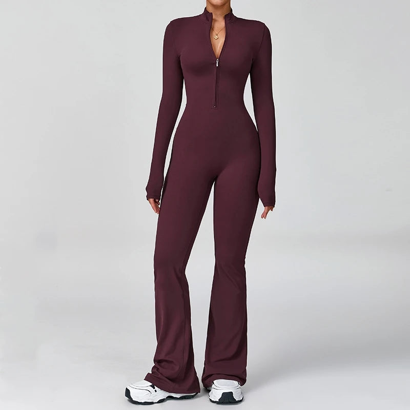 Women's Long Sleeve Nylon Blend Flared Workout Jumpsuit with Front Zipper