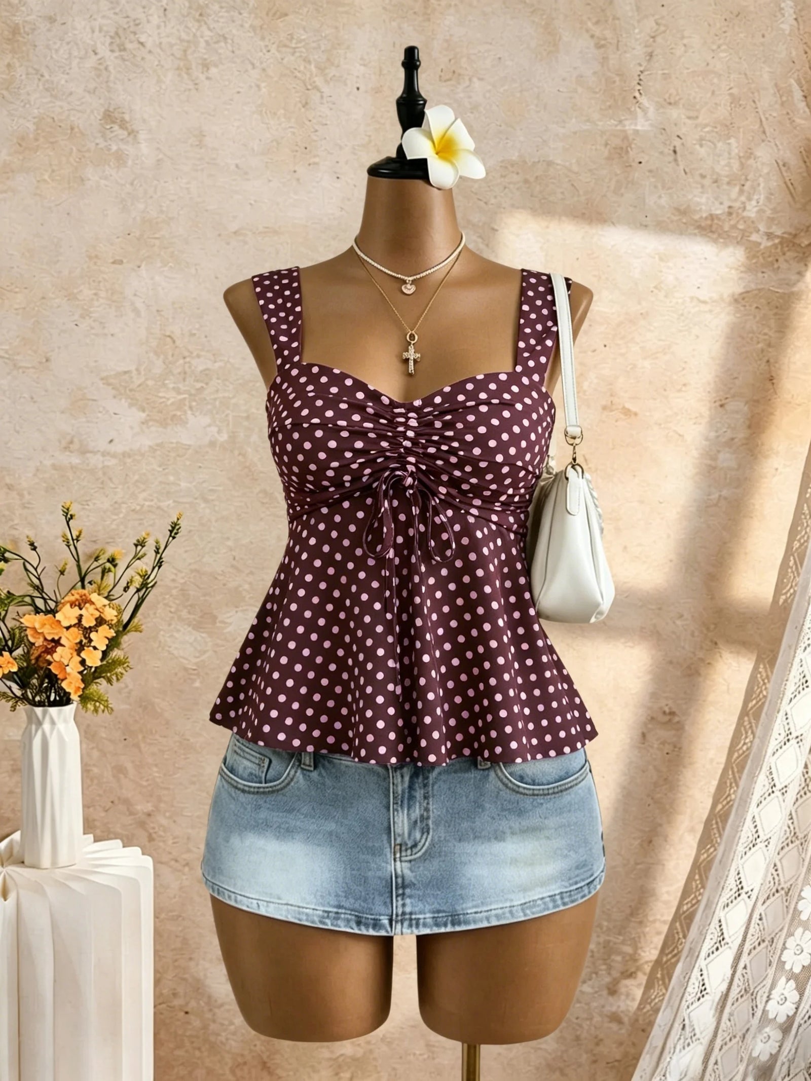 Women's Ruched Polyester Blend Peplum Camisole with Sweetheart Neck and Bow