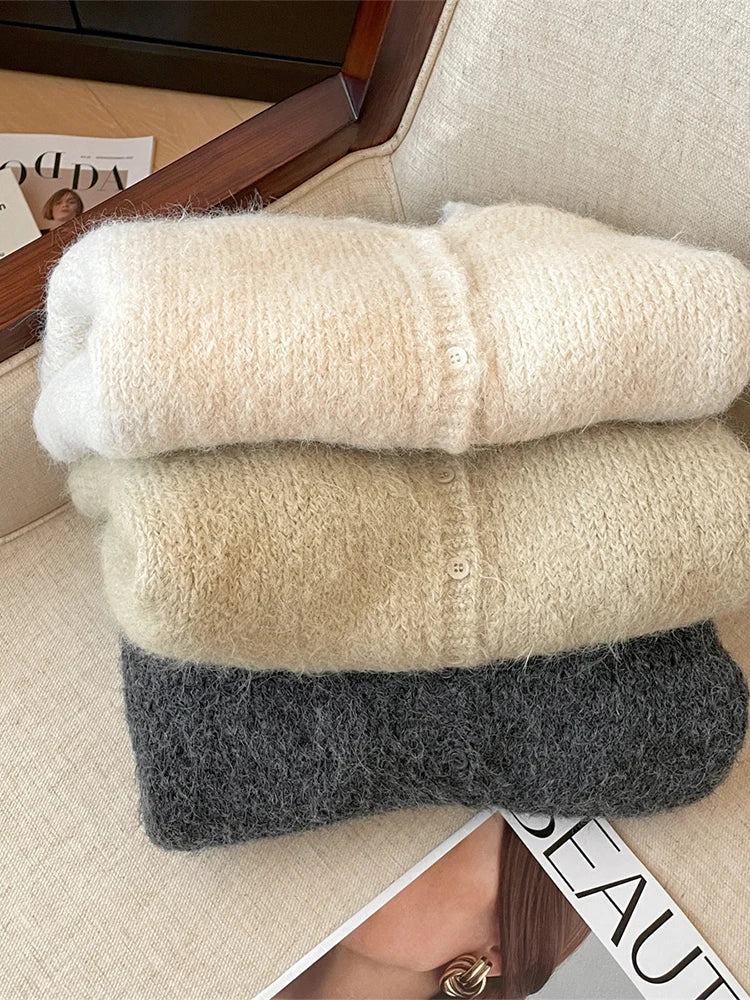 Women's Fluffy V Neck Zip Front Cardigan Casual Knit Layer