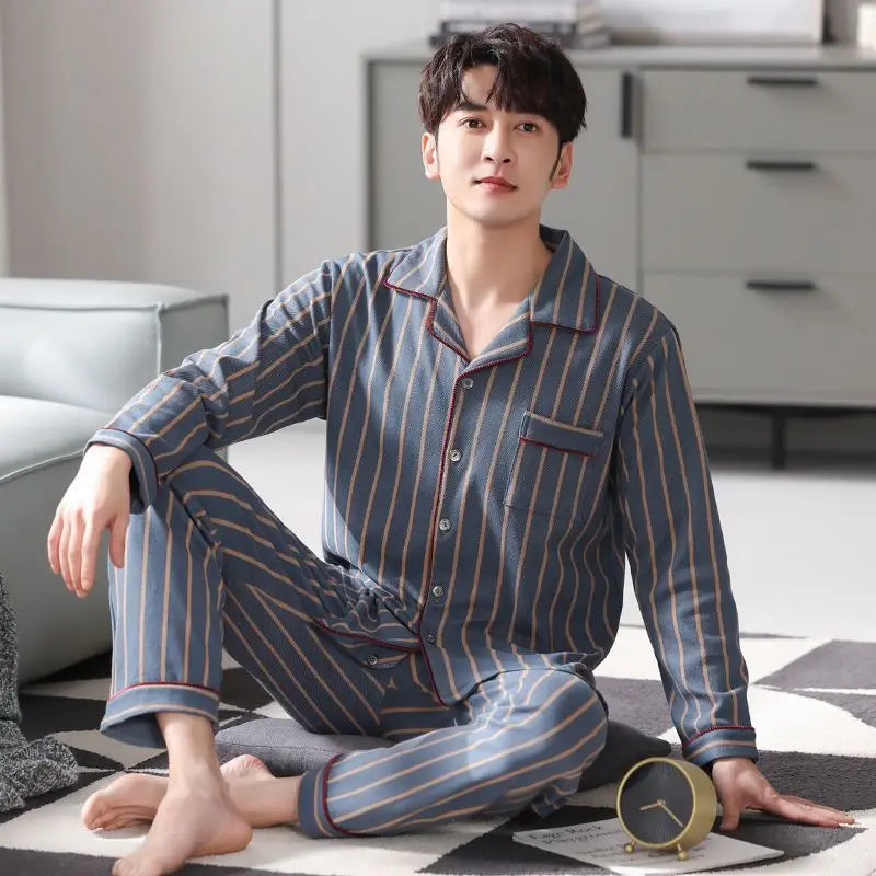 Men's Striped Button Front Long Sleeve Shirt and Pants Pajama Set