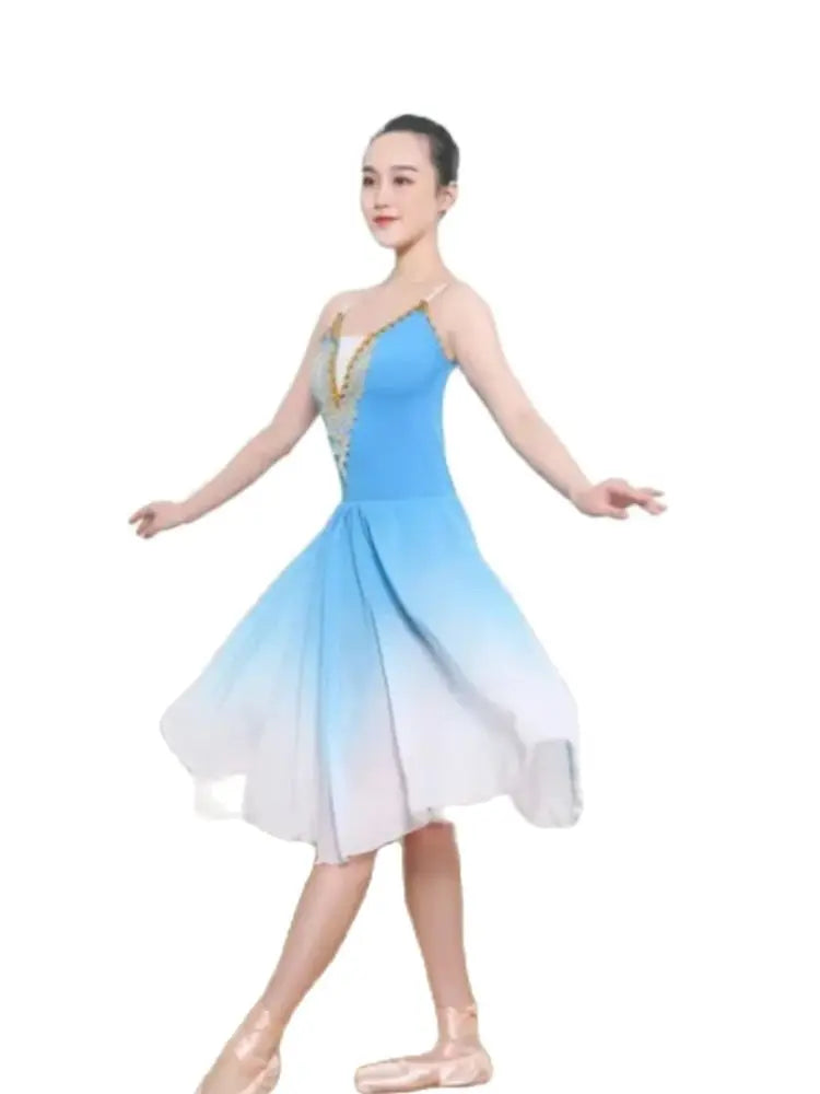Women's Gradient Ballet Dance Dress with Flowing Skirt and Decorated Bodice
