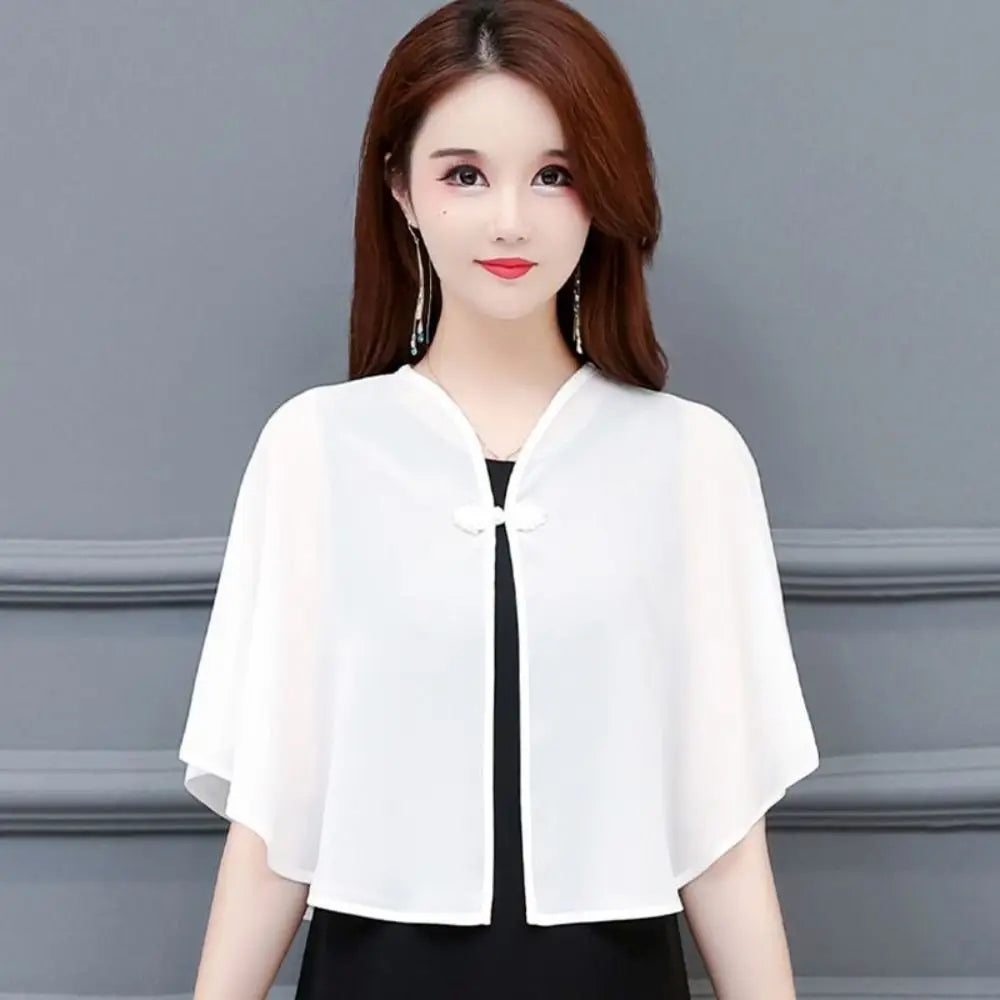 Short Clasp Front Chiffon Cape for Layering over Outfits